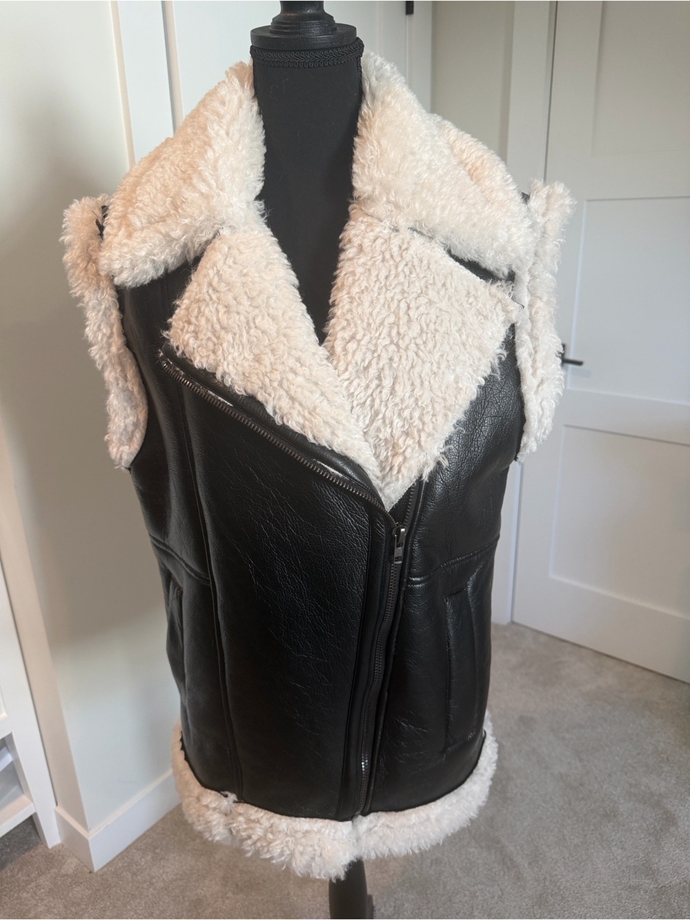 Womens Black Faux Leather Vest with Cream Sherpa Trim